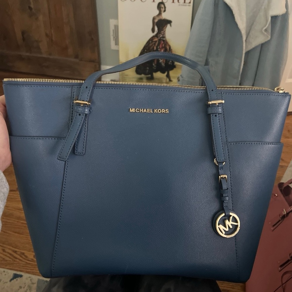 Michael Kors Blue Designer Tote Bag with Structured Shape